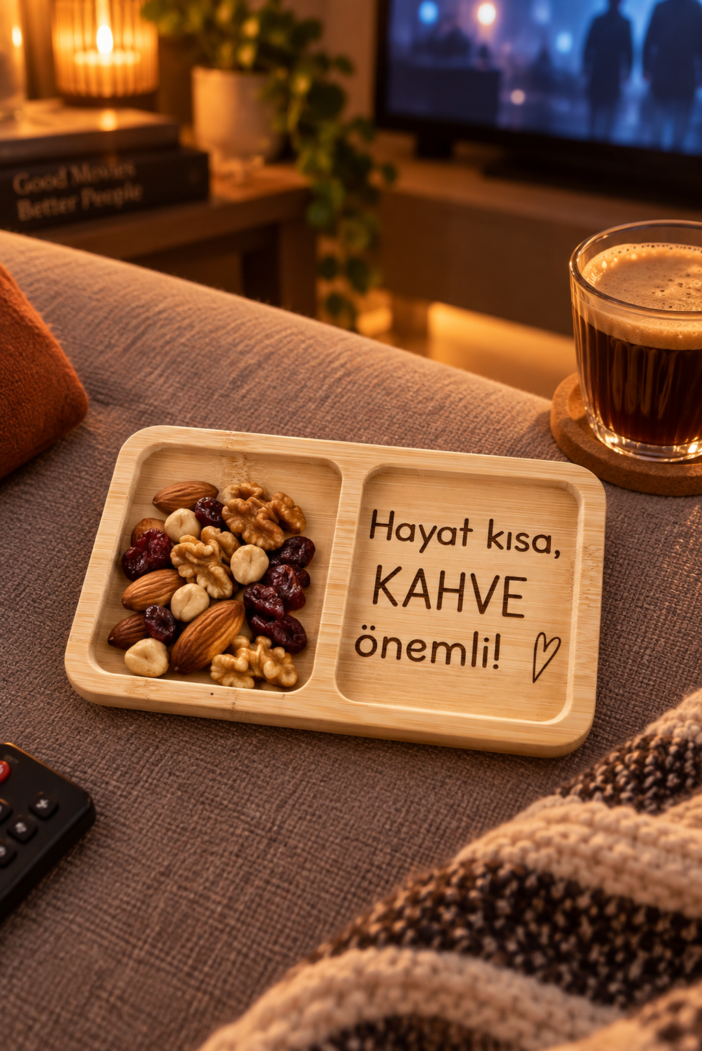 "Hayat Kısa, Kahve Önemli!" Kalp Desenli Bambu Çerezlik