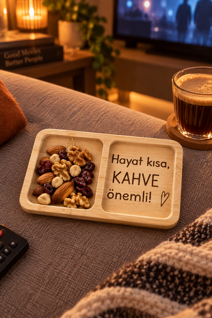 "Hayat Kısa, Kahve Önemli!" Kalp Desenli Bambu Çerezlik