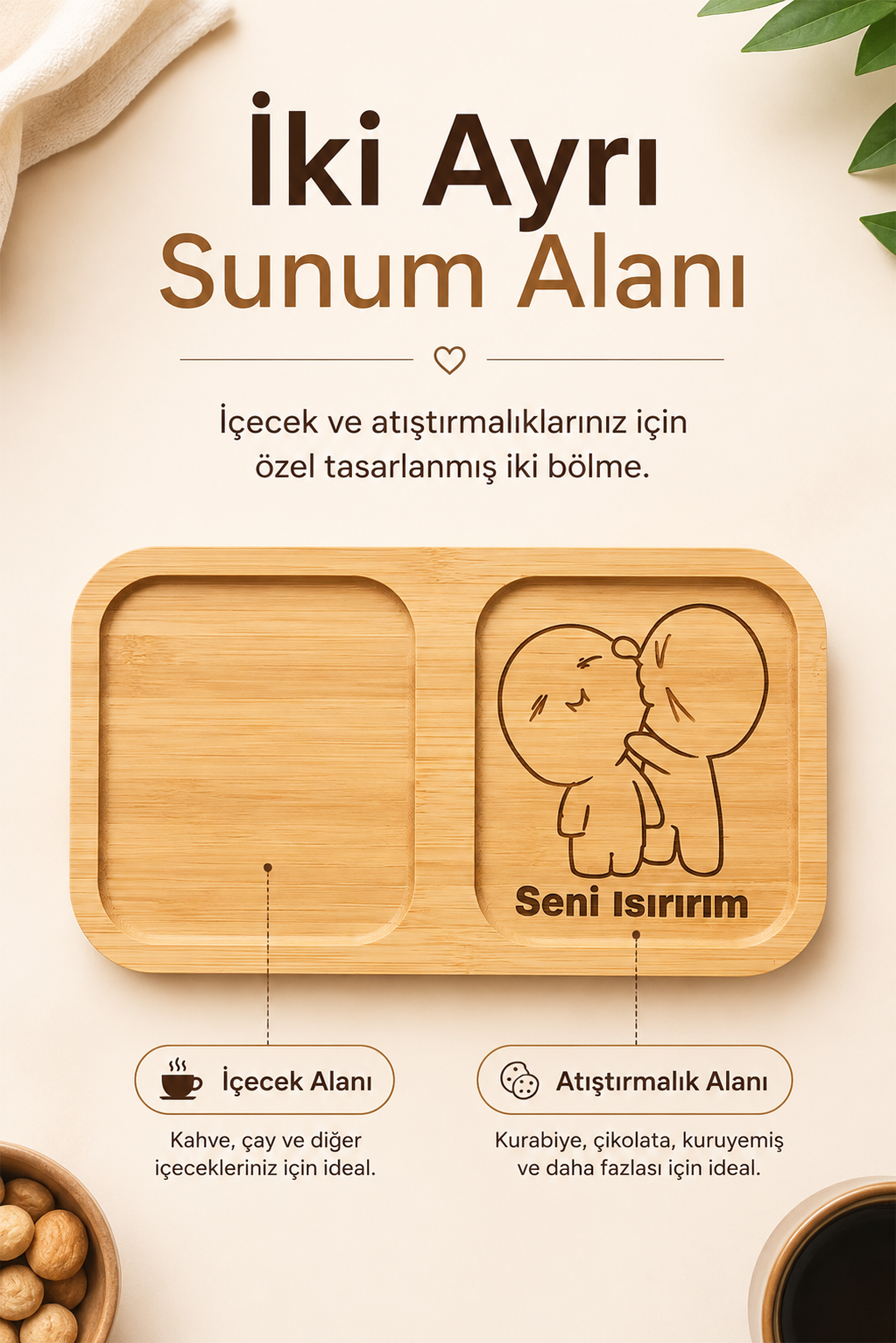 "Seni Isırırım" Yazılı Bambu Kahve Sunum Tabağı - Dikdörtgen
