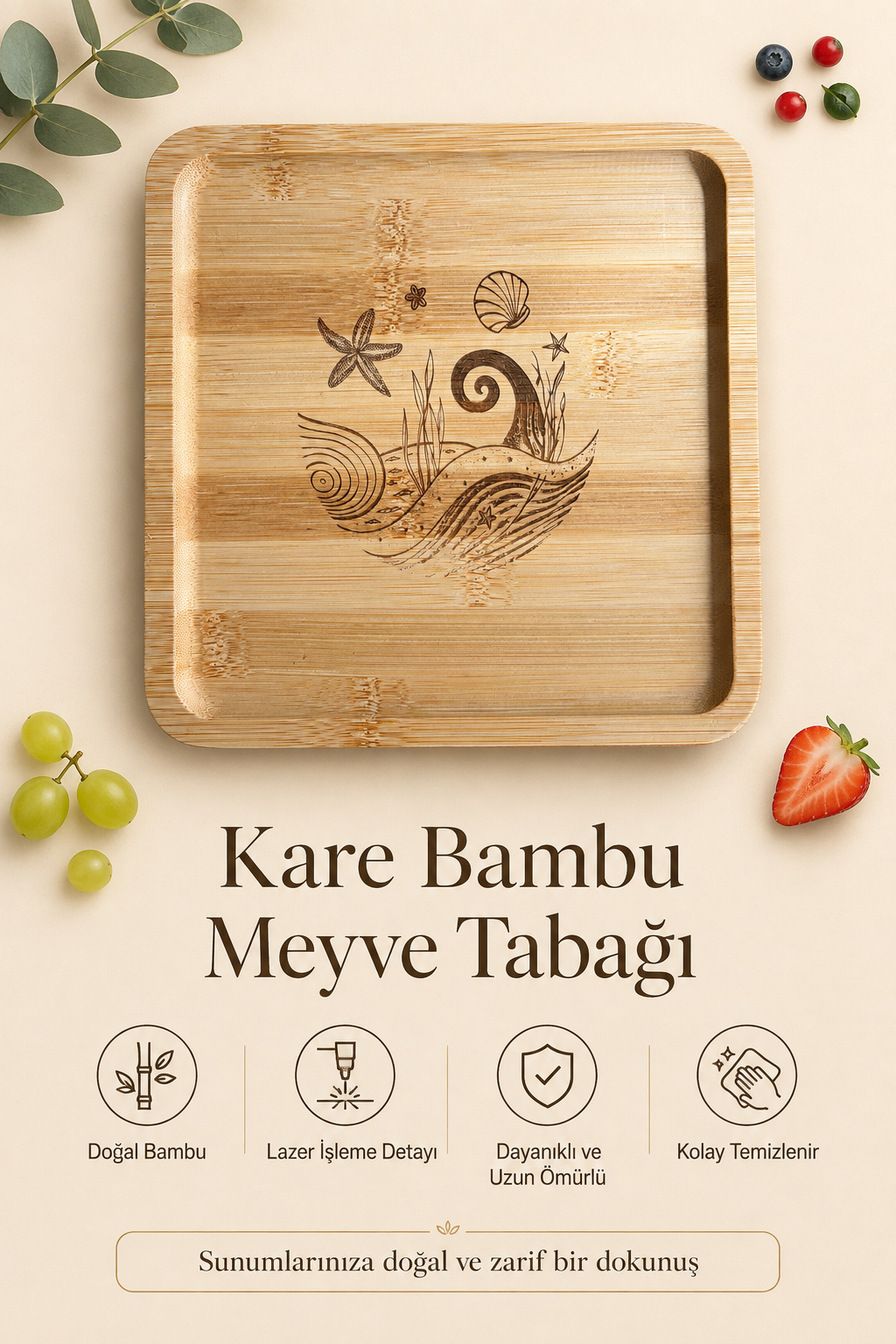 Classic Deniz Esintisi Kare Bambu Meyve ve Sunum Tabağı - 20x20