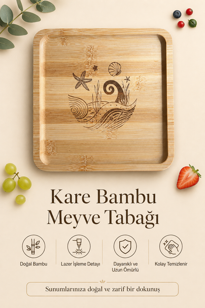 Classic Deniz Esintisi Kare Bambu Meyve ve Sunum Tabağı - 20x20