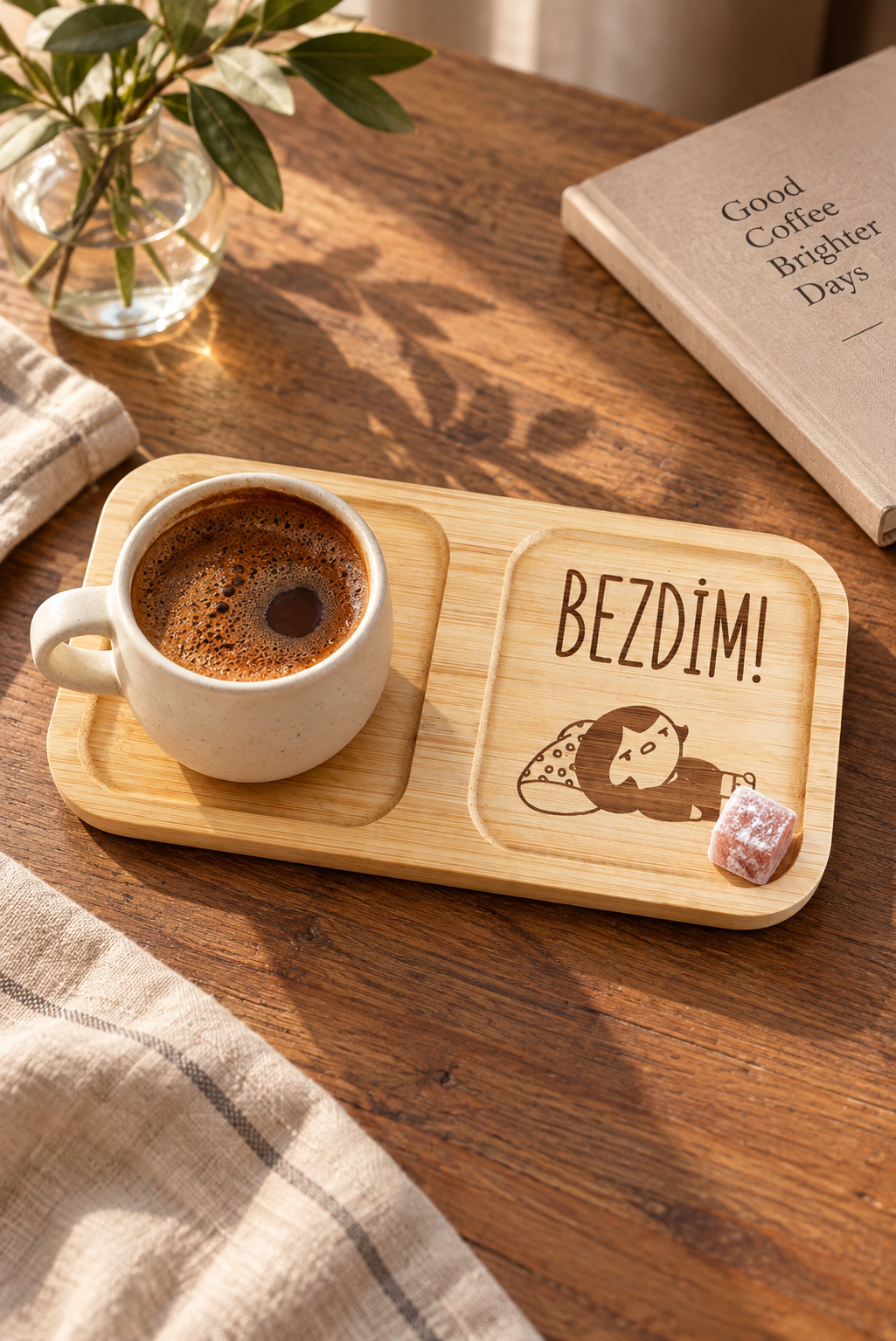 "Bezdim!" Yazılı Bambu Kahve Sunum Tabağı - Dikdörtgen