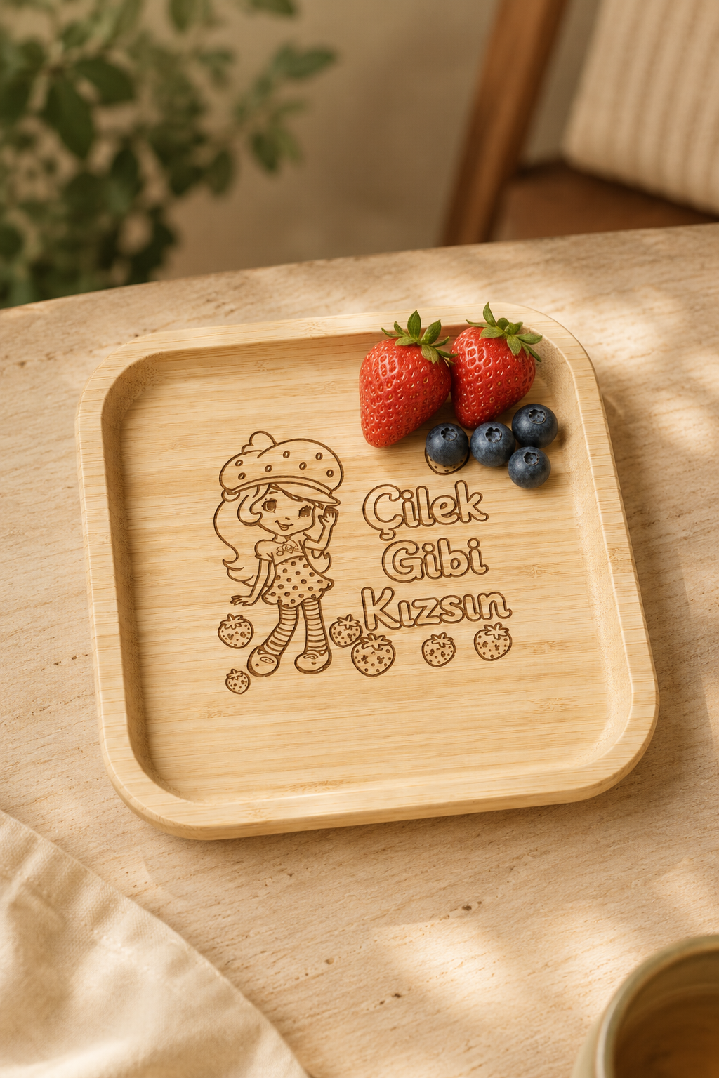 Signature Çilek Gibi Kızsın Desenli Kare Bambu Meyve ve Sunum Tabağı - 20x20