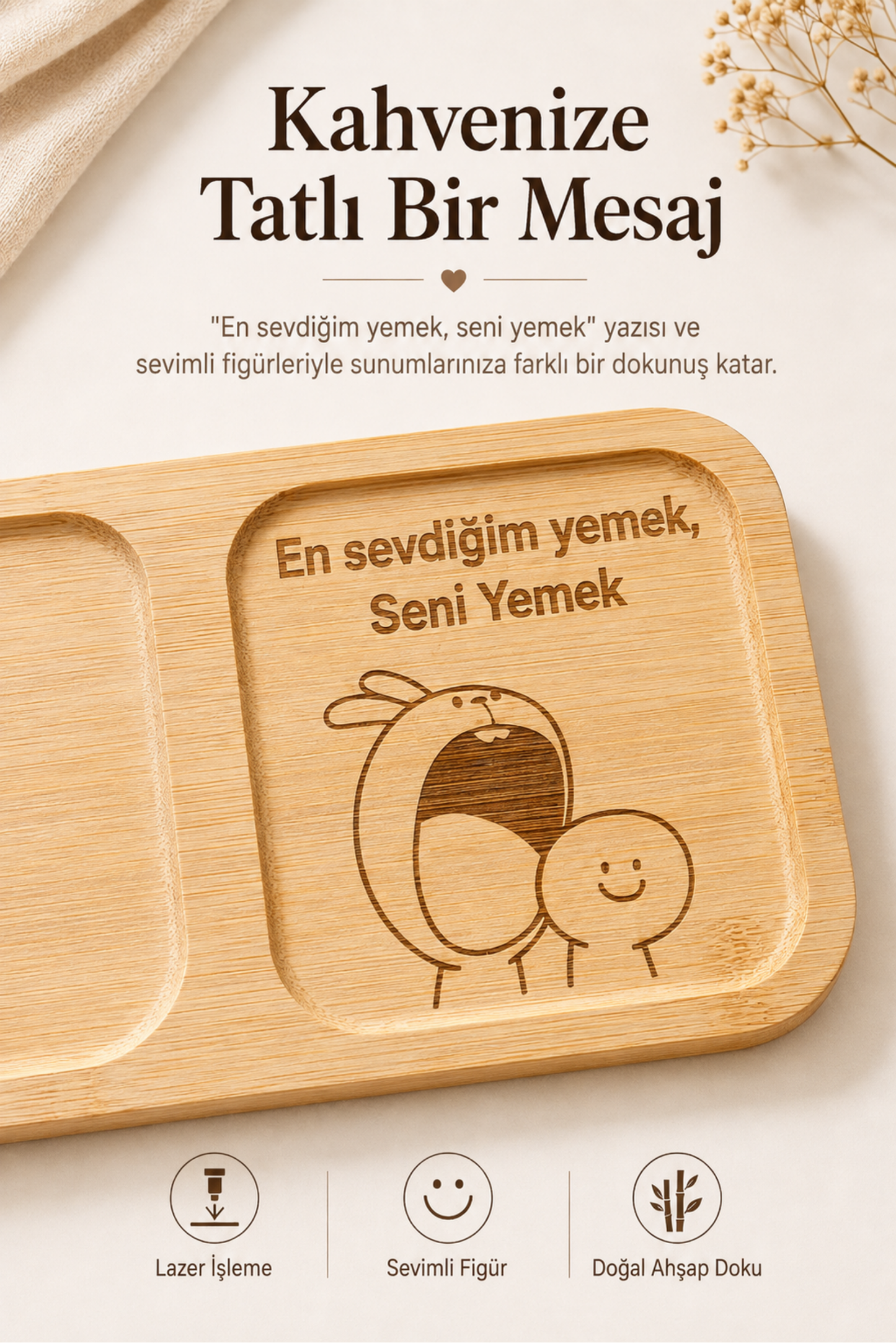 "En Sevdiğim Yemek Seni Yemek" Bambu Kahve Sunum Tabağı - Dikdörtgen