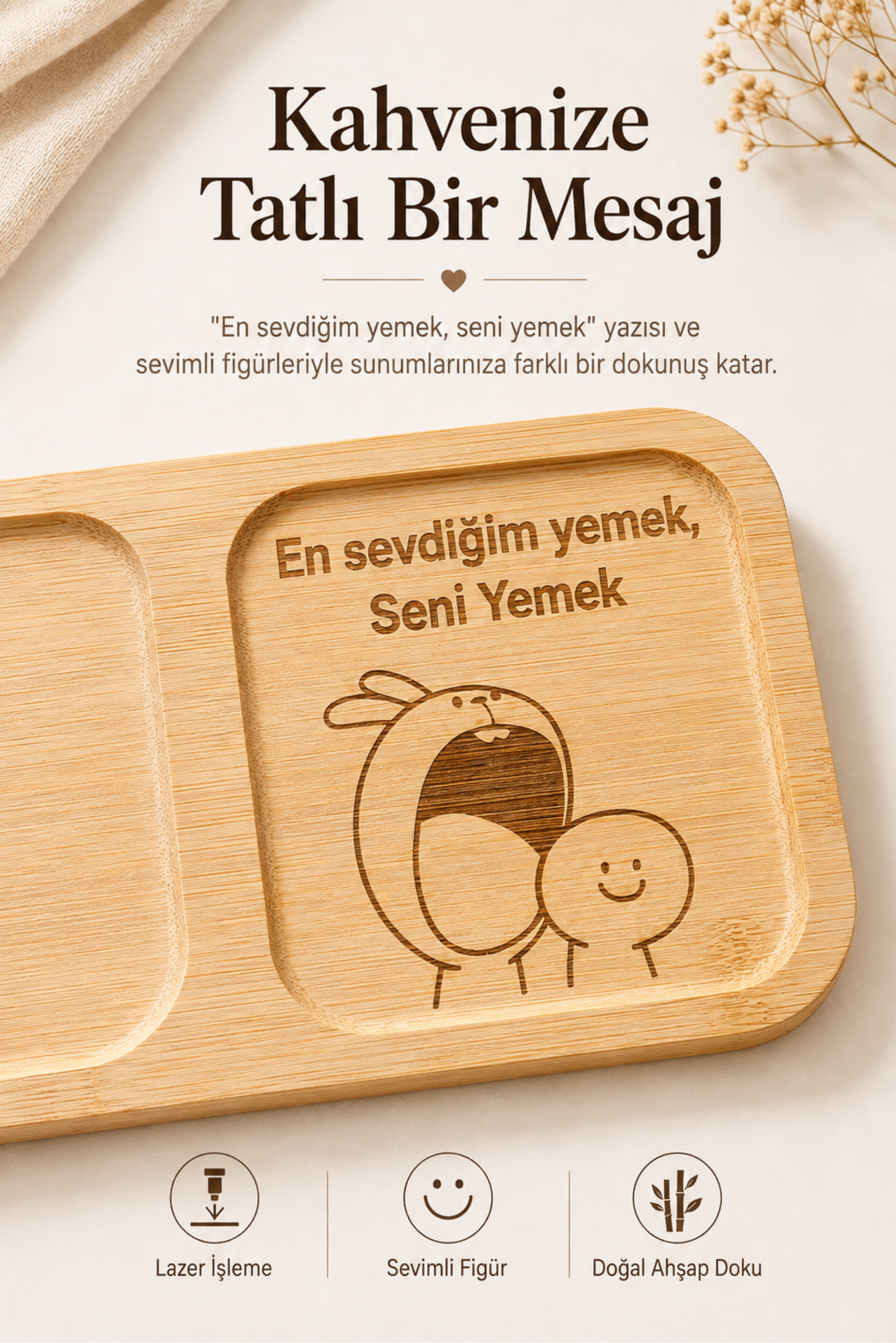 "En Sevdiğim Yemek Seni Yemek" Bambu Kahve Sunum Tabağı - Dikdörtgen