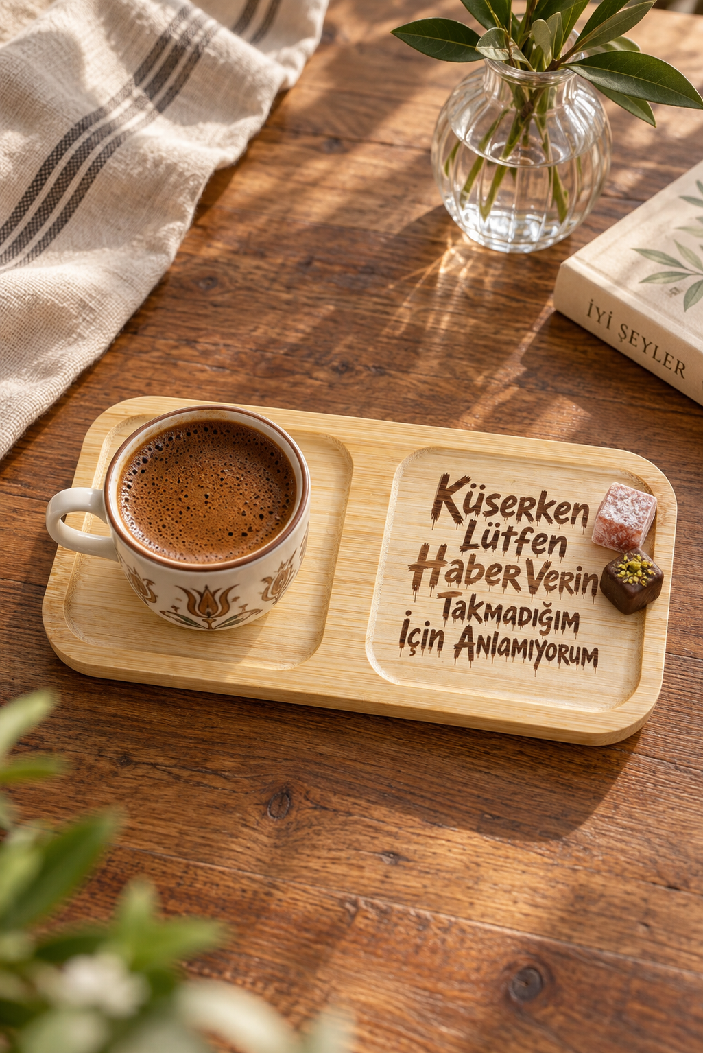 "Küserken Lütfen Haber Verin" Bambu Kahve Sunum Tabağı