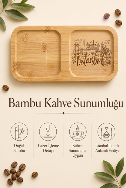 İstanbul Silüetli Bambu Kahve Sunum Tabağı - Dikdörtgen