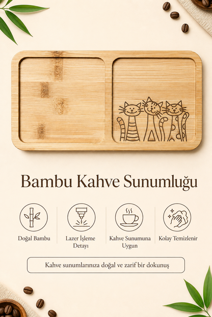 Üç Kedili Bambu Kahve Sunum Tabağı - Dikdörtgen