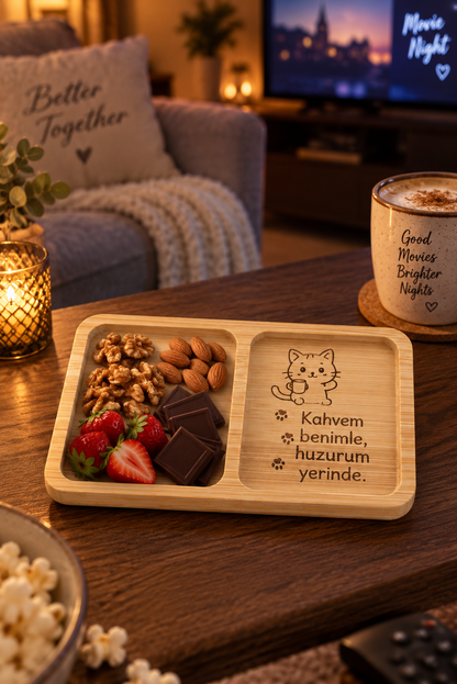 "Kahvem Benimle, Huzurum Yerinde" Kedi Desenli Bambu Çerezlik