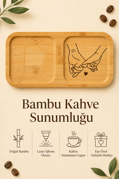Baş Harfli El Ele Kişiye Özel Bambu Kahve Sunum Tabağı - Dikdörtgen