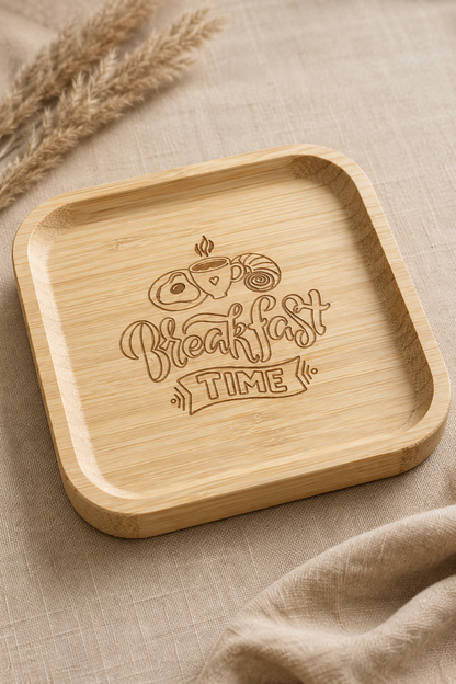 Signature Breakfast Time Desenli Kare Bambu Meyve ve Sunum Tabağı - 20x20