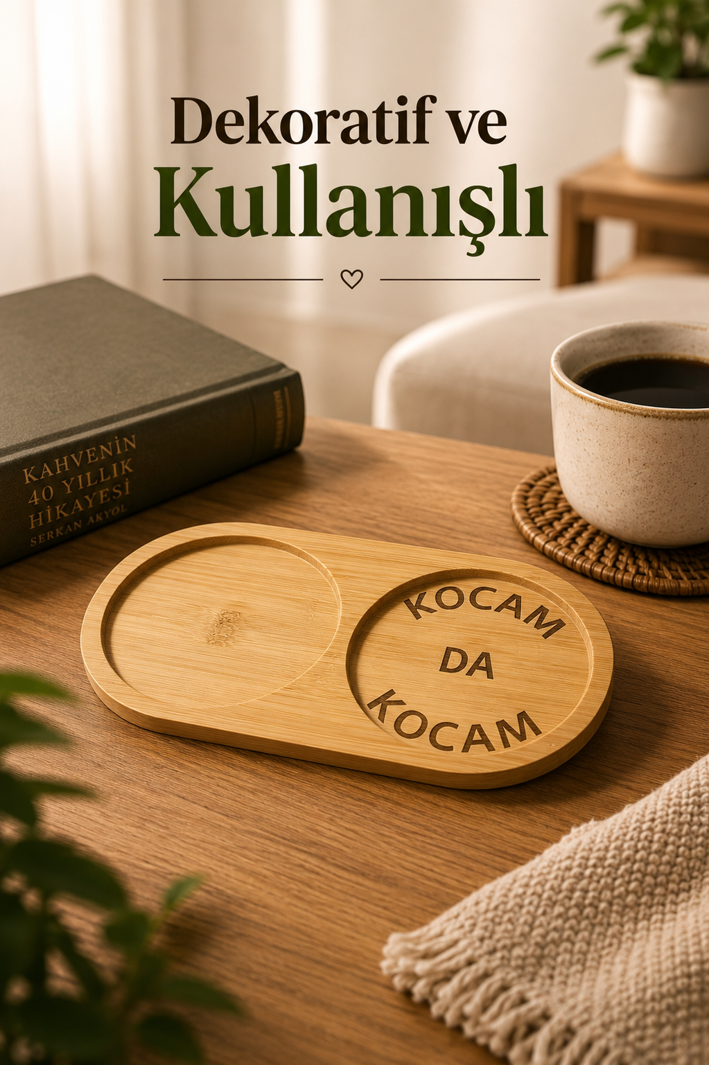 "Kocam Da Kocam" Yazılı Bambu Kahve Sunum Tabağı - Oval