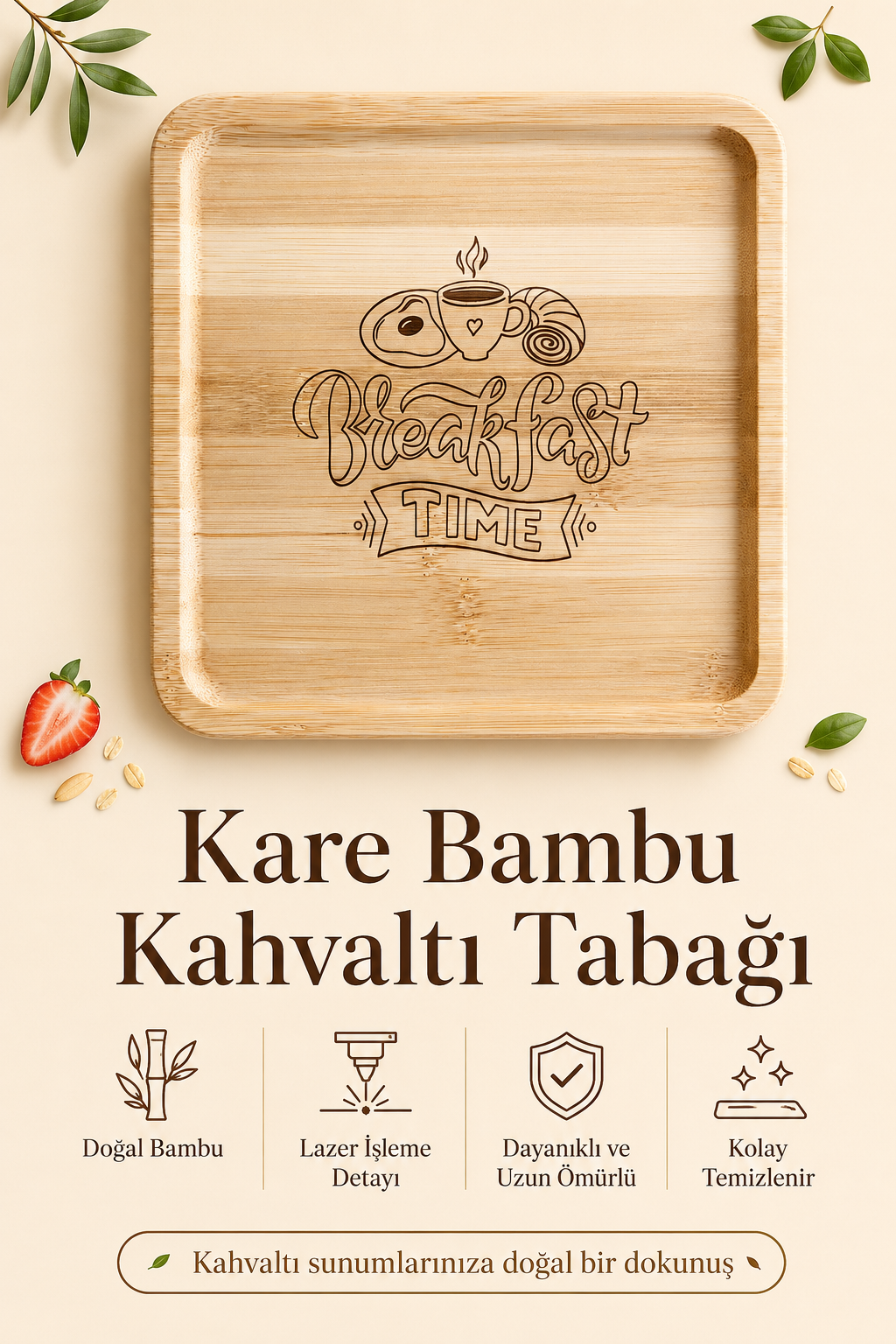Classic Breakfast Time Kare Bambu Kahvaltı ve Sunum Tabağı - 20x20