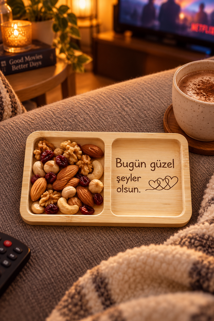 "Bugün Güzel Şeyler Olsun" Kalp Desenli Bambu Çerezlik