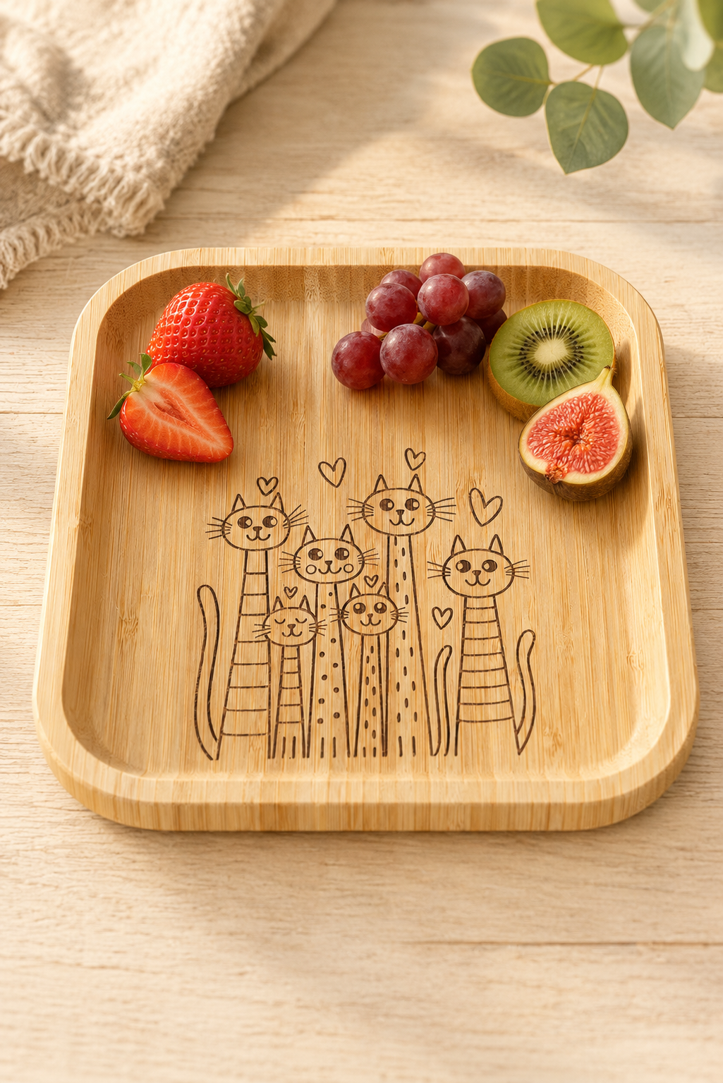 Signature Altı Kedi Desenli Kare Bambu Meyve ve Sunum Tabağı - 20x20