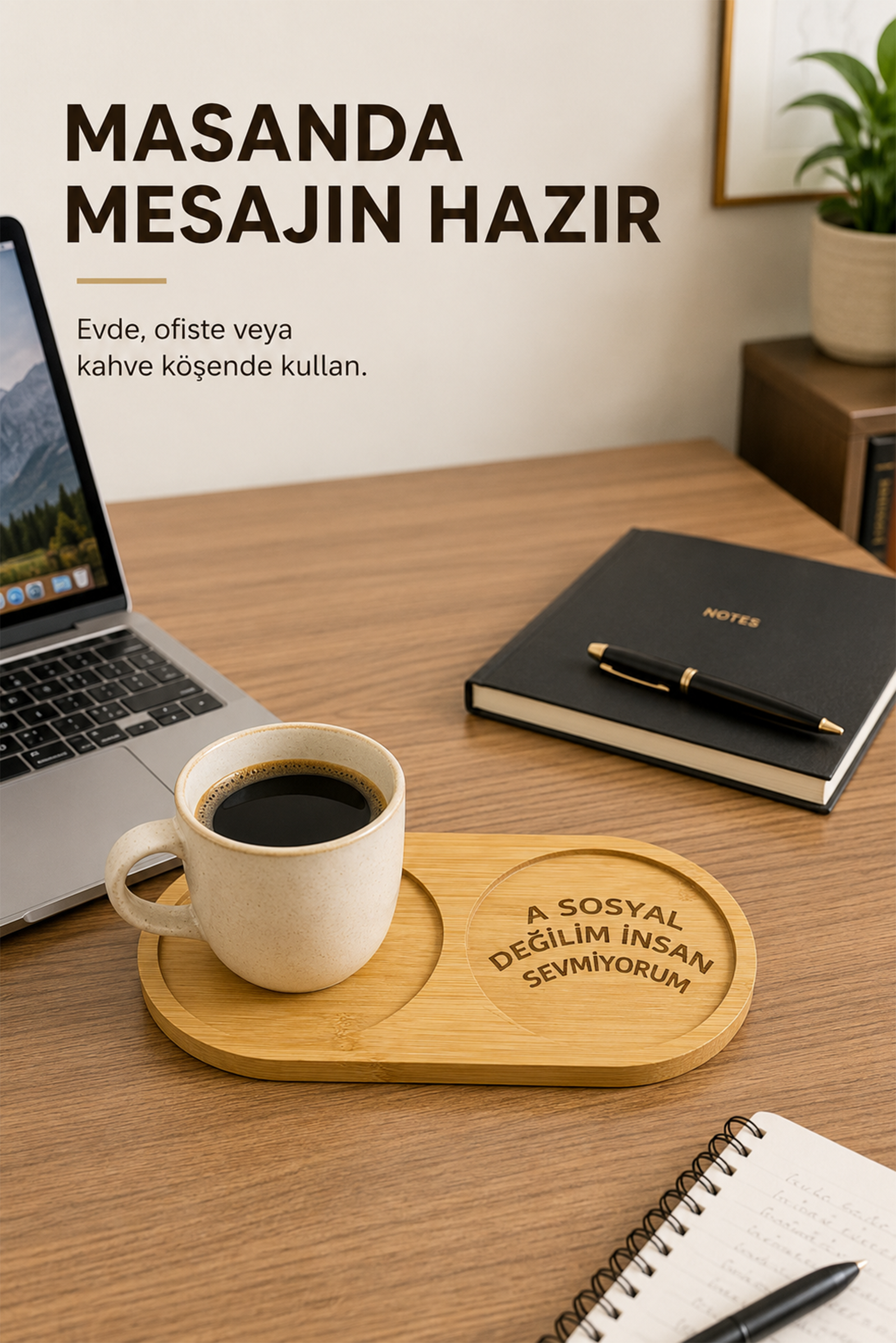 "A Sosyal Değilim İnsan Sevmiyorum" Bambu Kahve Sunum Tabağı - Oval