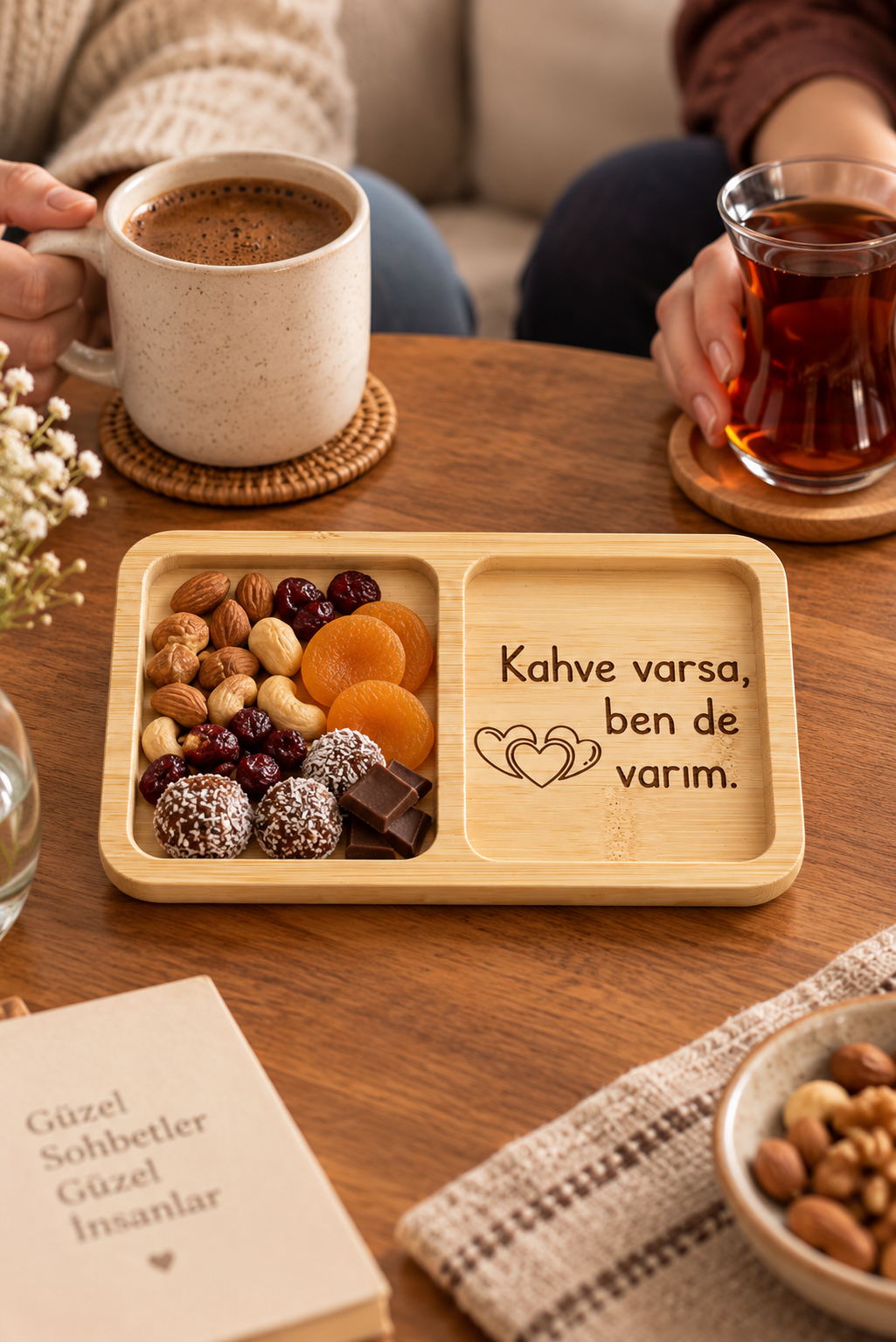 "Kahve Varsa, Ben de Varım" Kalp Desenli Bambu Çerezlik