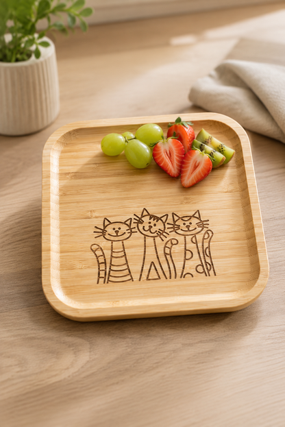 Signature Üç Kedi Desenli Kare Bambu Meyve ve Sunum Tabağı - 20x20