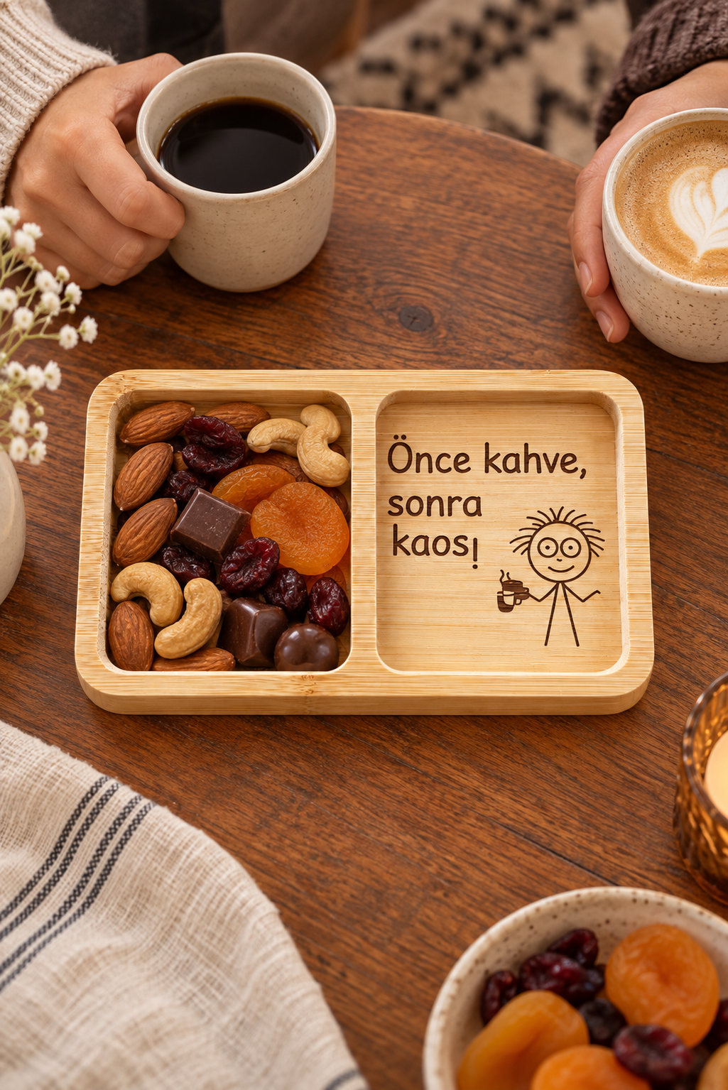 "Önce Kahve, Sonra Kaos!" Çizgi Figür Desenli Bambu Çerezlik