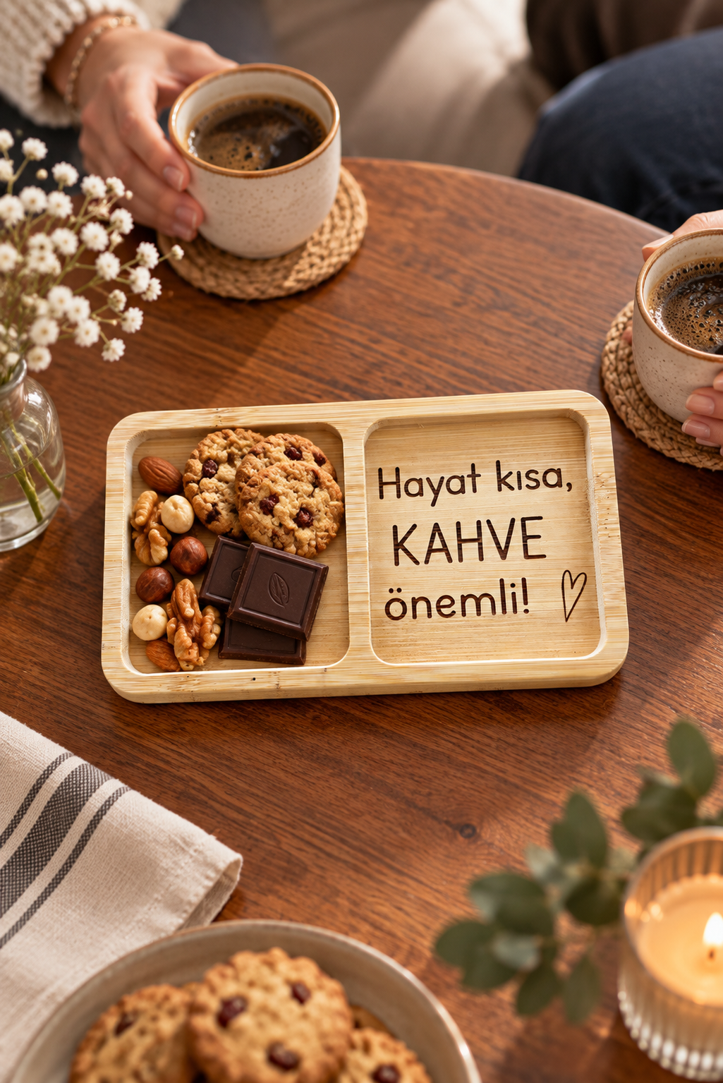 "Hayat Kısa, Kahve Önemli!" Kalp Desenli Bambu Çerezlik