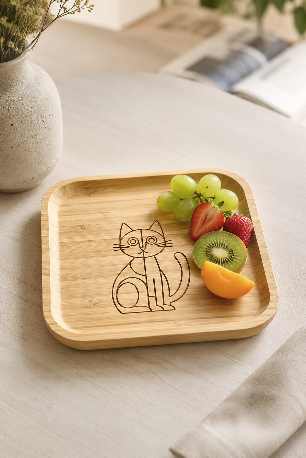 Signature Kedi Desenli Kare Bambu Meyve ve Sunum Tabağı - 20x20