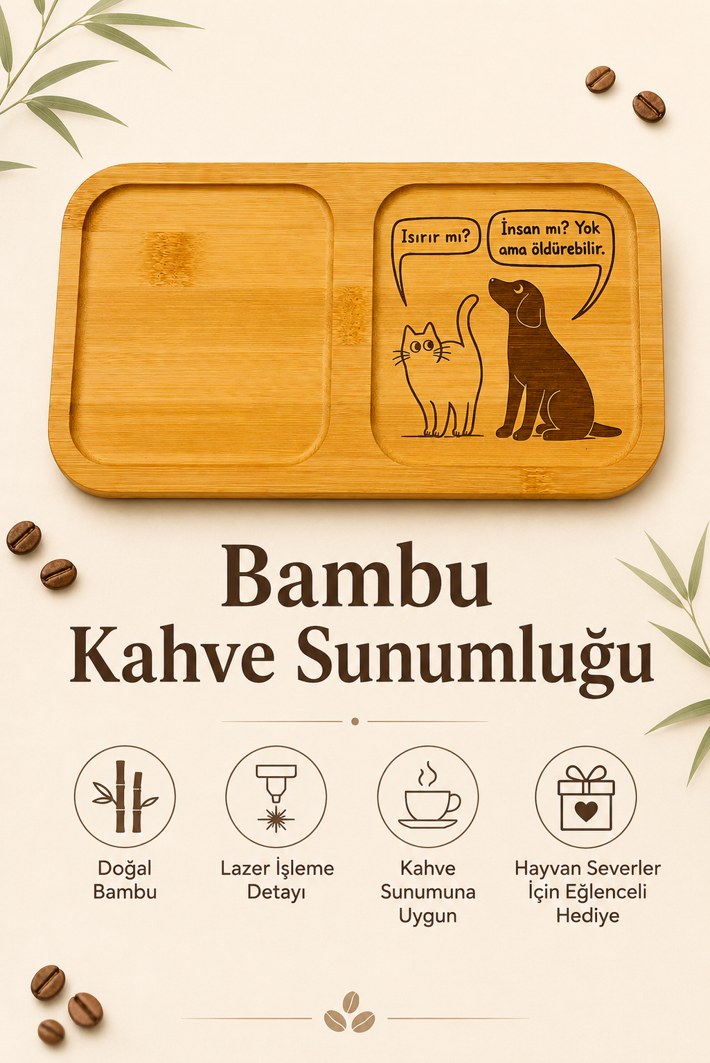 "Isırır mı?" Kedi ve Köpek Figürlü Bambu Kahve Sunum Tabağı - Dikdörtgen