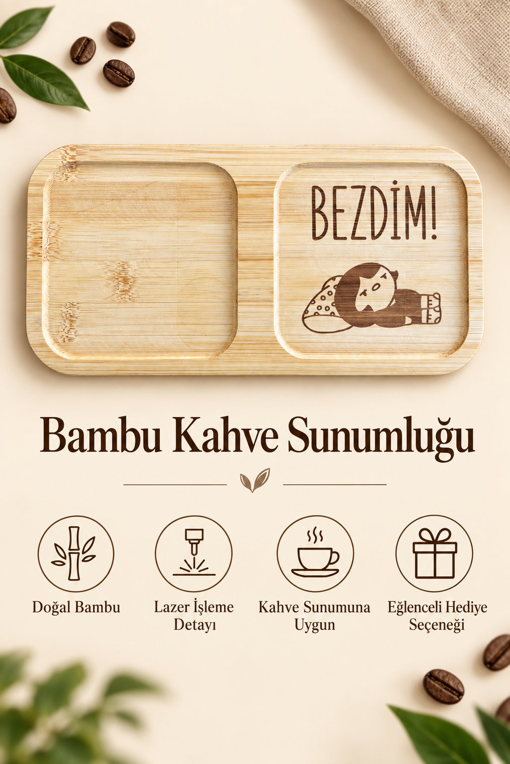"Bezdim!" Yazılı Bambu Kahve Sunum Tabağı - Dikdörtgen