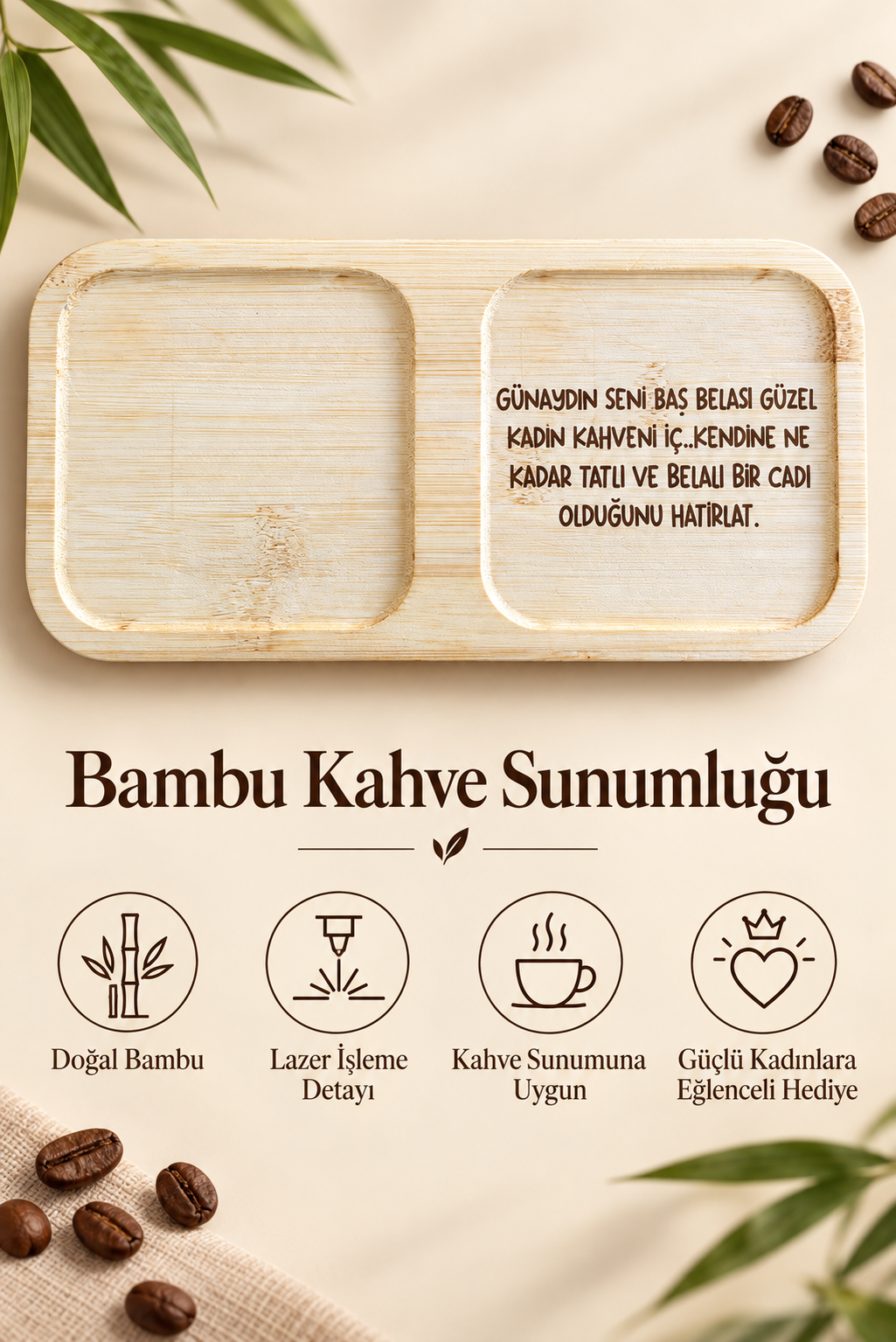 "Baş Belası Güzel Kadın" Bambu Kahve Sunum Tabağı - Dikdörtgen