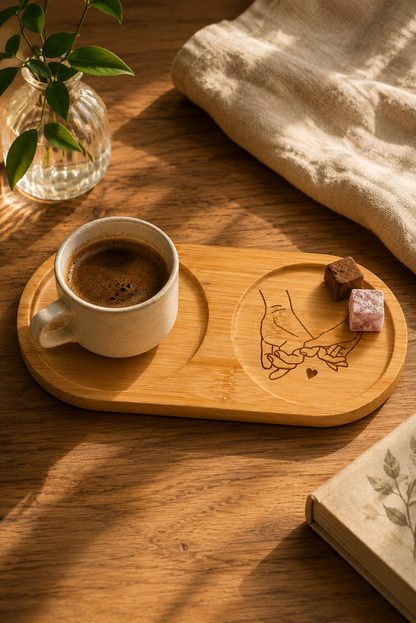 Baş Harfli El Ele Kişiye Özel Bambu Kahve Sunum Tabağı - Oval