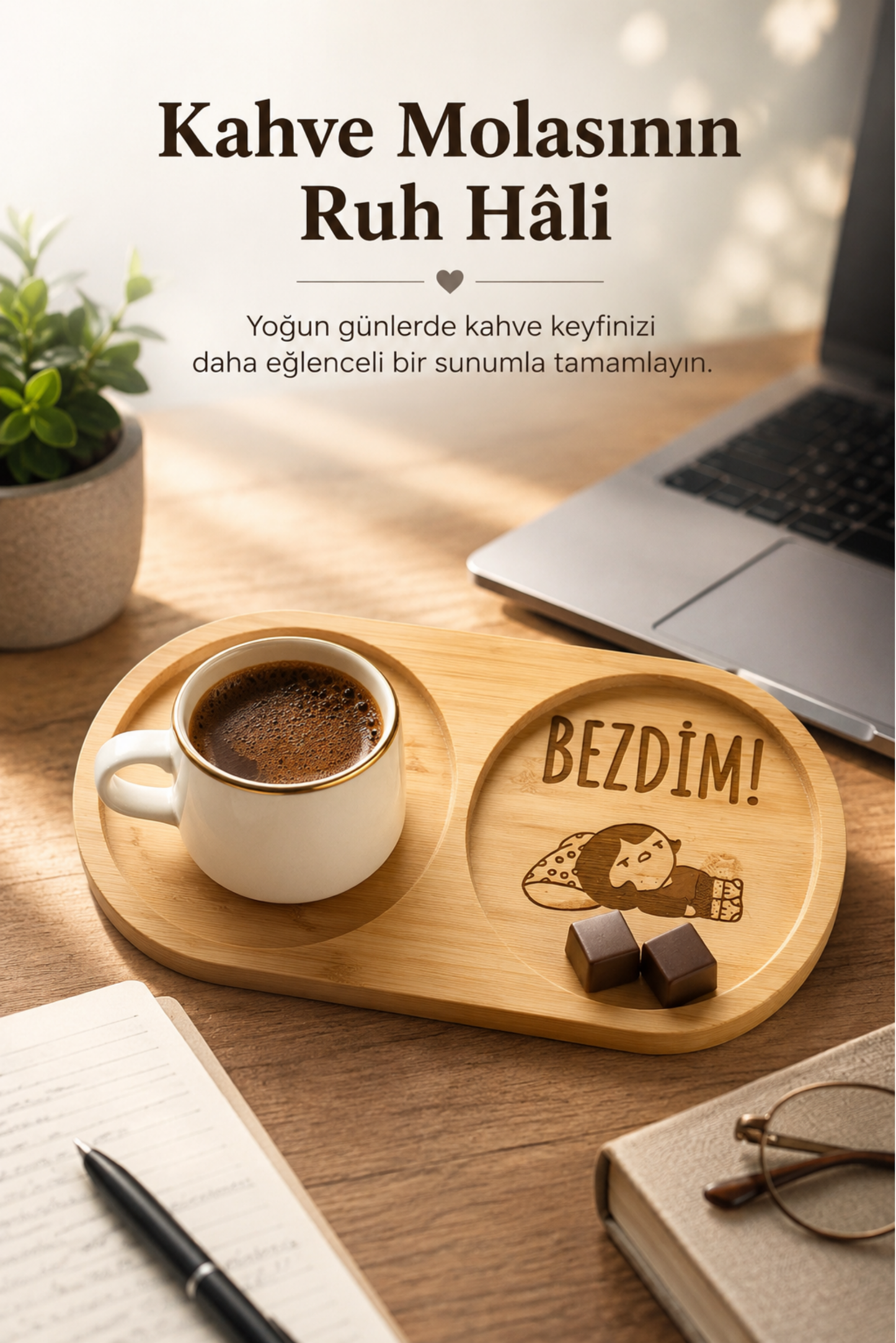 "Bezdim!" Yazılı Bambu Kahve Sunum Tabağı - Oval