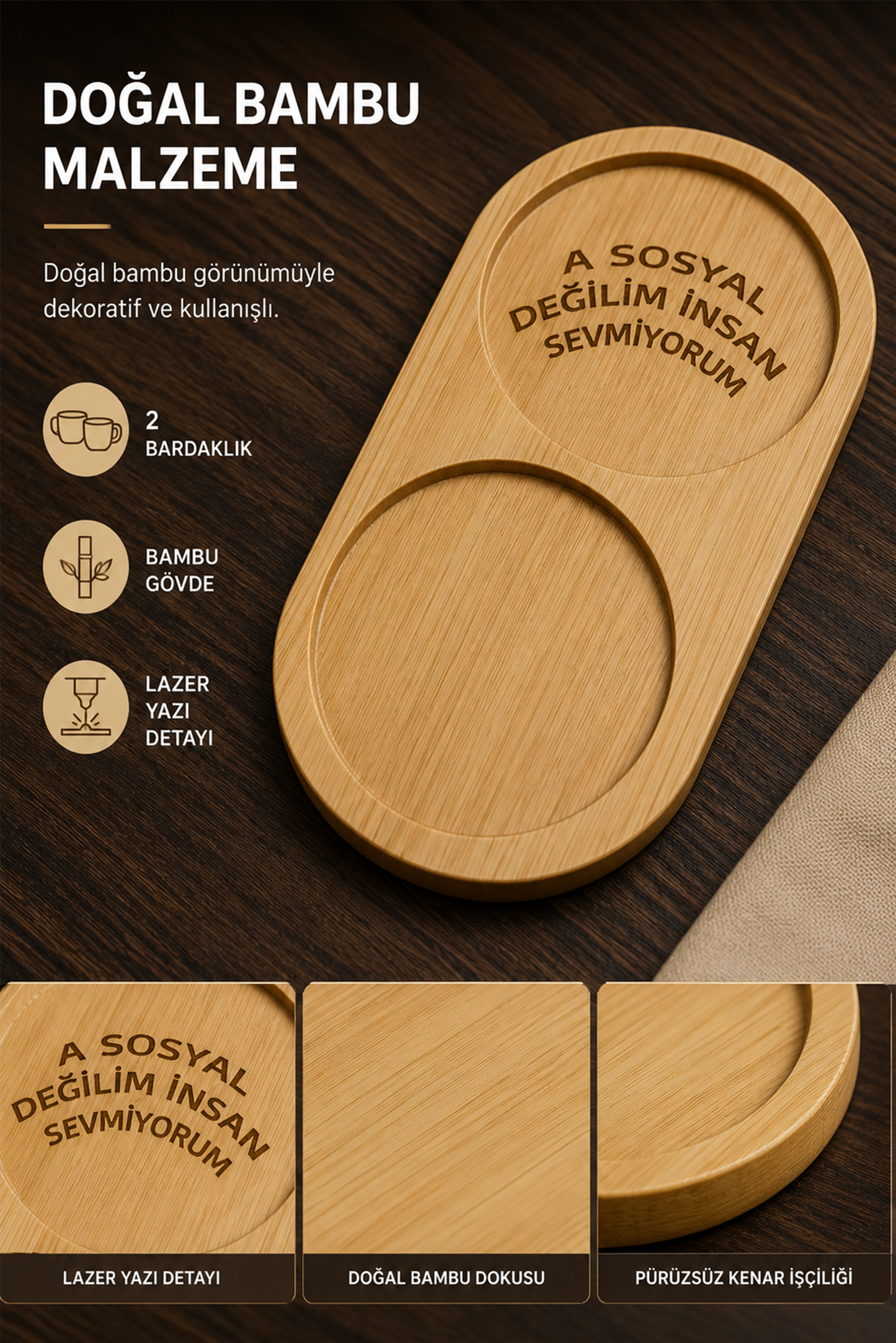 "A Sosyal Değilim İnsan Sevmiyorum" Bambu Kahve Sunum Tabağı - Oval