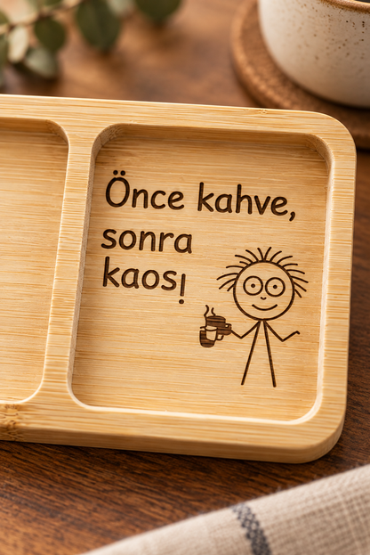 "Önce Kahve, Sonra Kaos!" Çizgi Figür Desenli Bambu Çerezlik