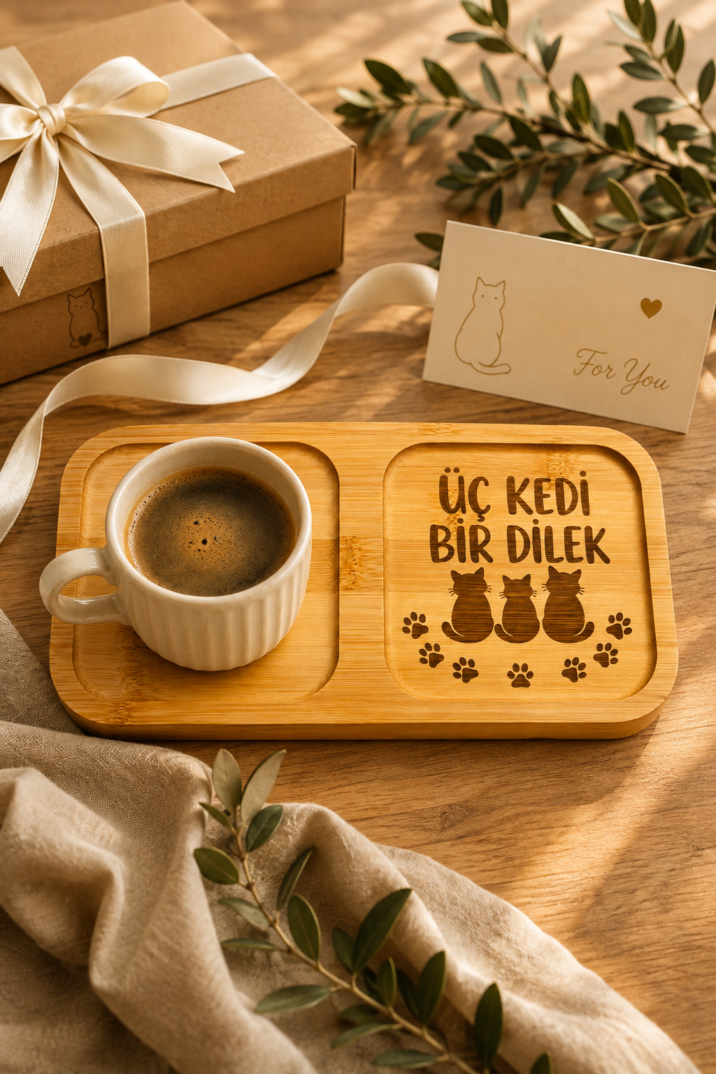 "Üç Kedi Bir Dilek" Yazılı Bambu Kahve Sunum Tabağı - Dikdörtgen