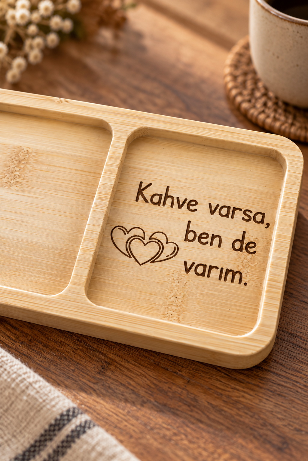 "Kahve Varsa, Ben de Varım" Kalp Desenli Bambu Çerezlik
