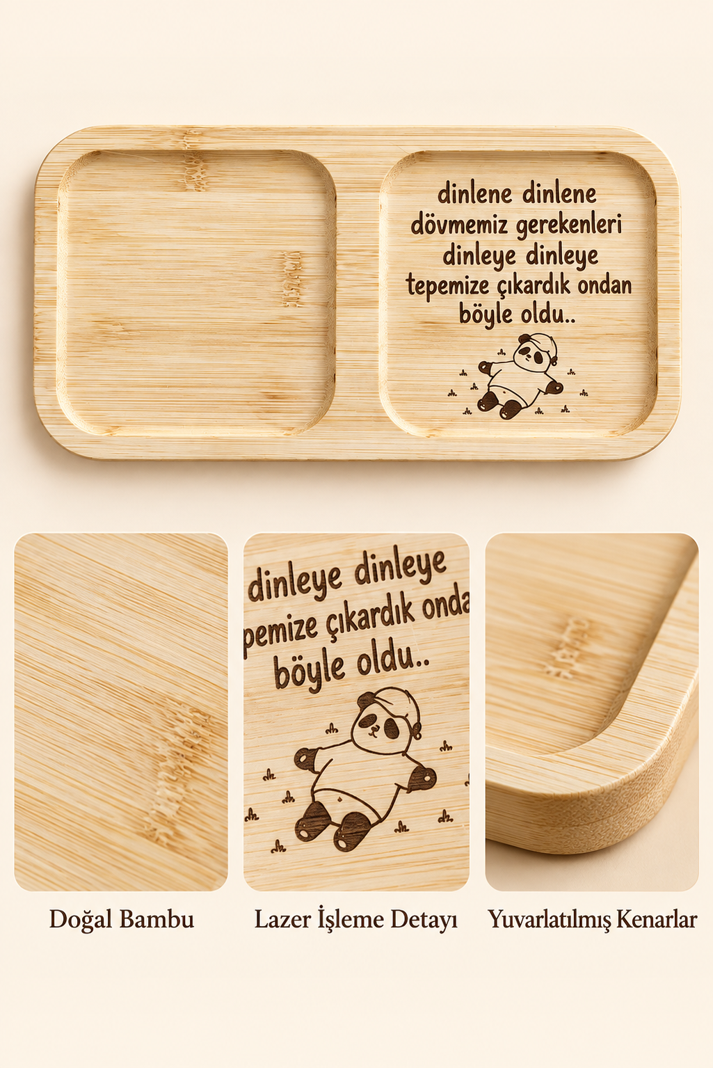 "Dinlene Dinlene" Panda Detaylı Bambu Kahve Sunum Tabağı
