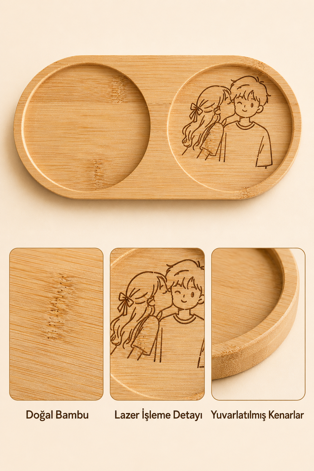 Line Art Sevgili Çizimli Bambu Kahve Sunum Tabağı - Oval