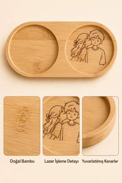 Line Art Sevgili Çizimli Bambu Kahve Sunum Tabağı - Oval