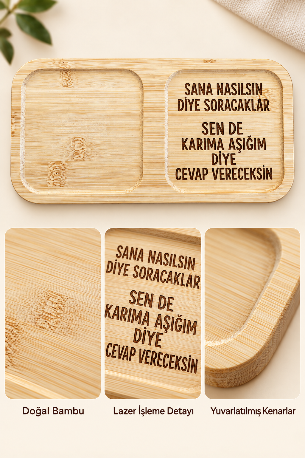 "Karıma Aşığım" Yazılı Bambu Kahve Sunum Tabağı - Dikdörtgen