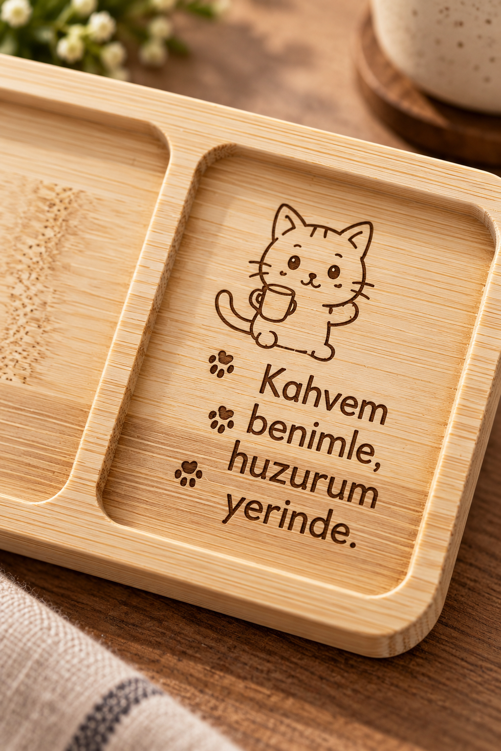 "Kahvem Benimle, Huzurum Yerinde" Kedi Desenli Bambu Çerezlik