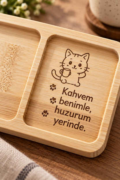 "Kahvem Benimle, Huzurum Yerinde" Kedi Desenli Bambu Çerezlik