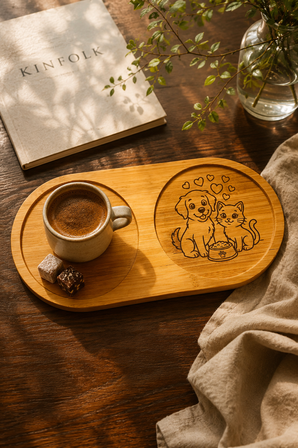 Kalpli Kedi ve Köpek Figürlü Bambu Kahve Sunum Tabağı - Oval