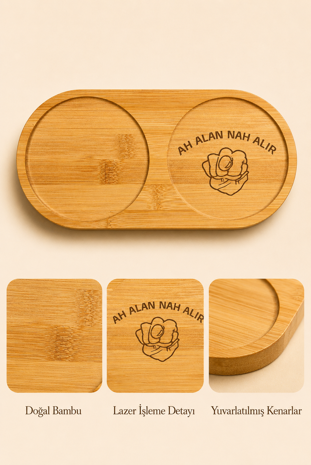 "Ah Alan Nah Alır" Yazılı Bambu Kahve Sunum Tabağı - Oval