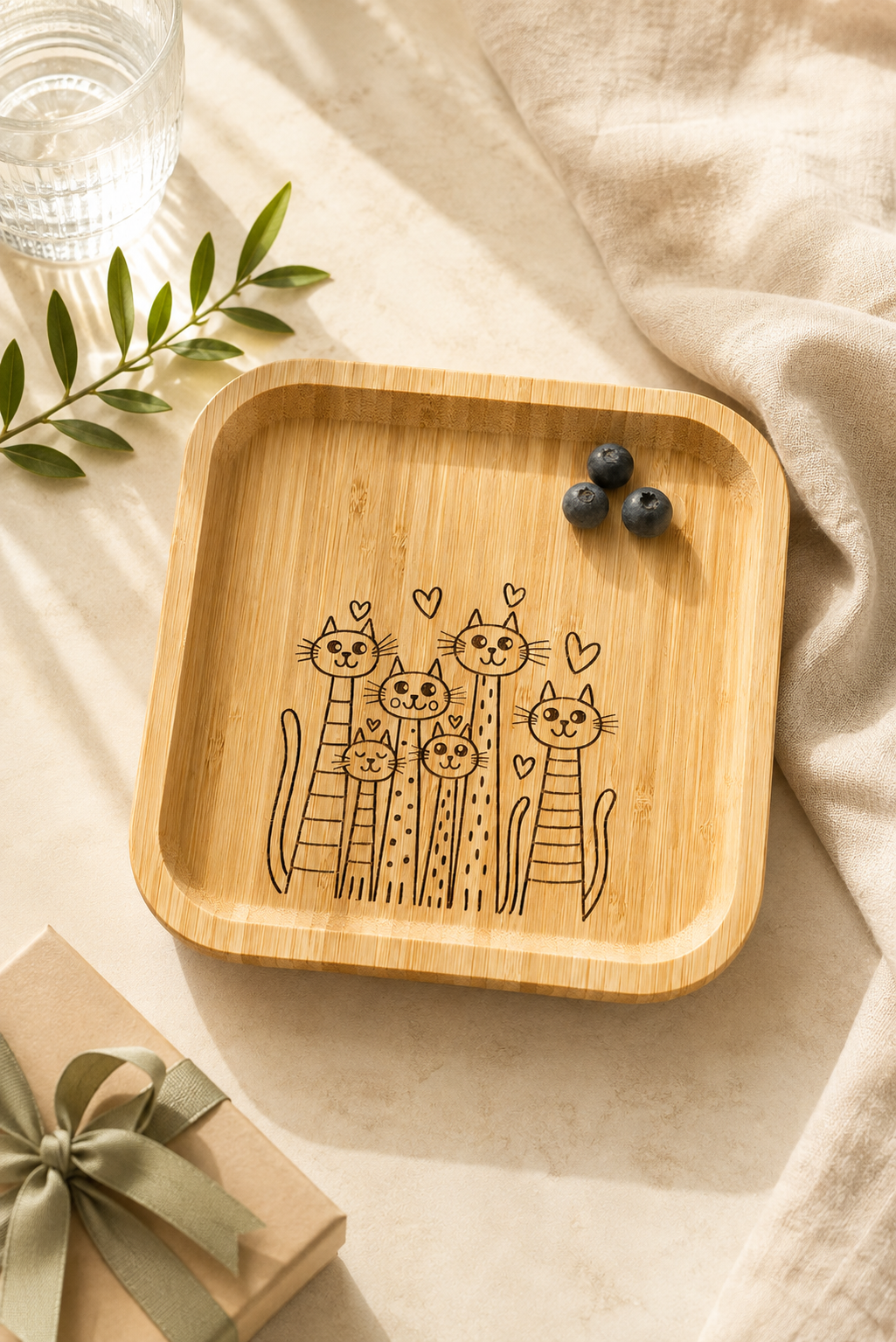 Signature Altı Kedi Desenli Kare Bambu Meyve ve Sunum Tabağı - 20x20