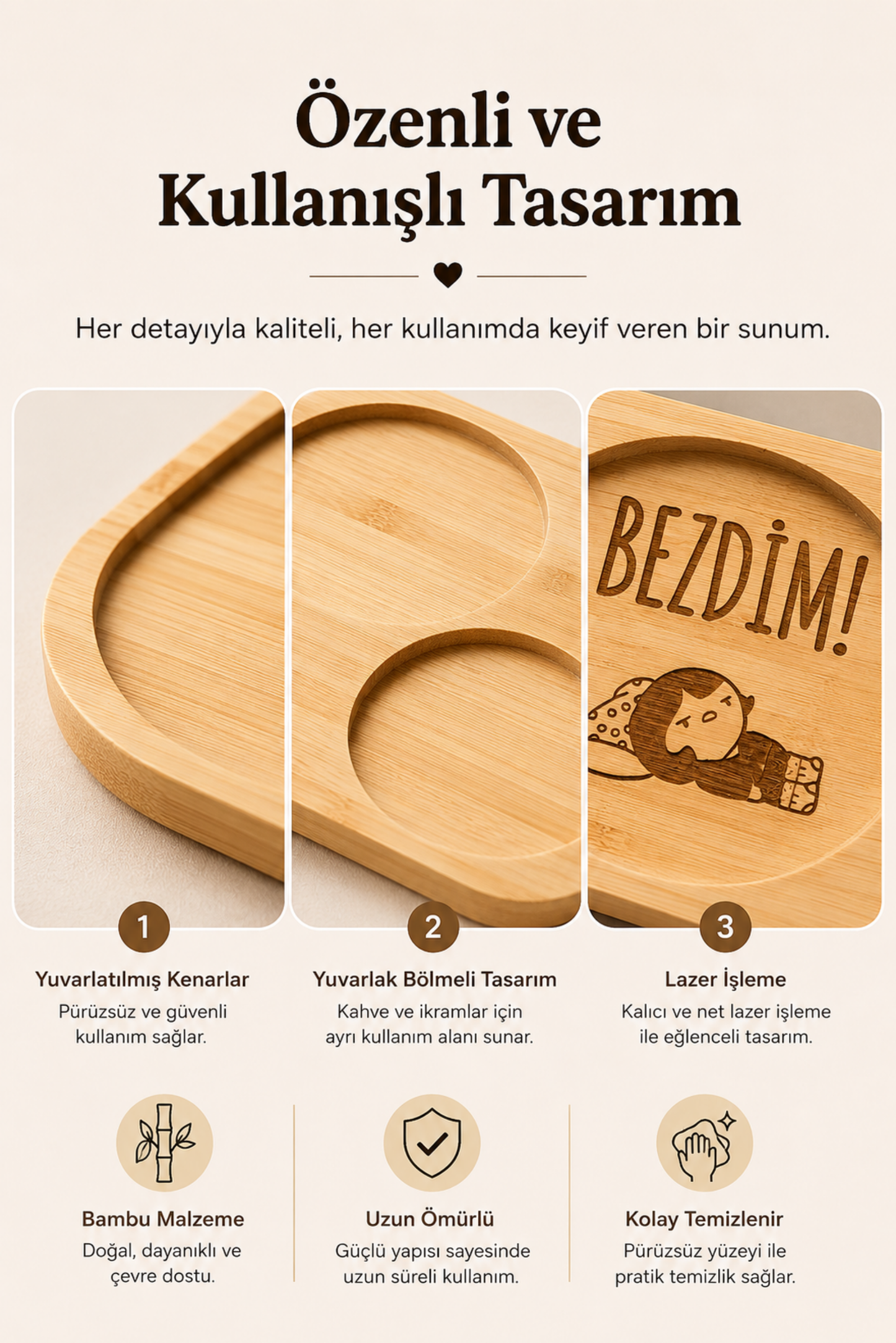 "Bezdim!" Yazılı Bambu Kahve Sunum Tabağı - Oval