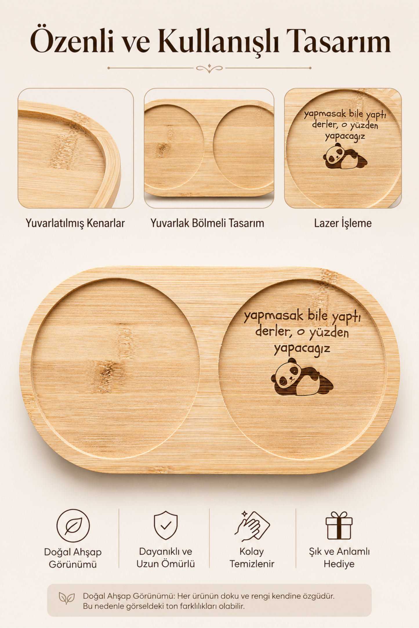"Yapmasak da Yaptı Derler" Yazılı Bambu Kahve Sunum Tabağı - Oval