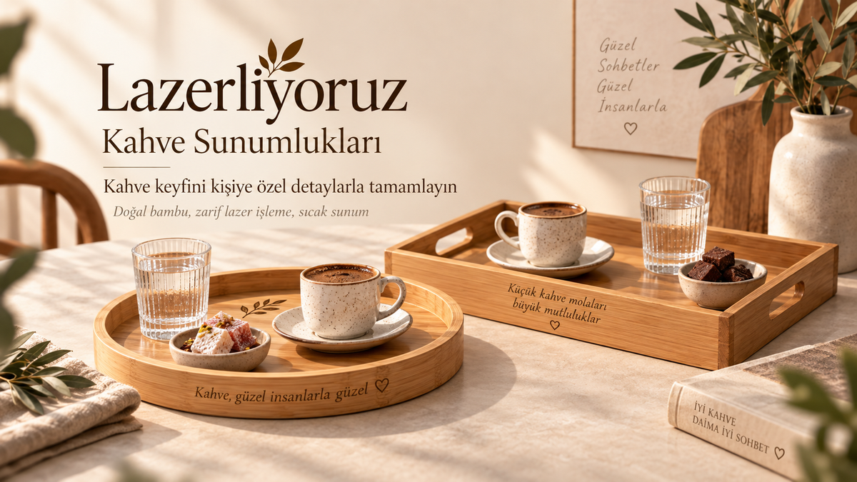 Kişiye özel lazer işlemeli bambu kahve sunumlukları
